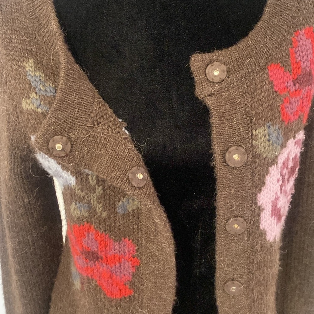 Jackpot wool blend button down Brown cardigan w large floral print Size Small - Picture 5 of 16